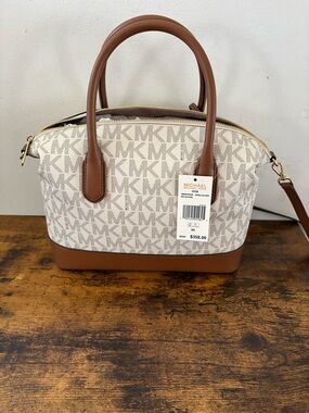 Michael Kors Cream MK Logo Dome Satchel with Brown Leather Trim